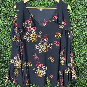 Skies are Blue, Plus Size Floral Print Cold Shoulder Blouse, Women's Size 2XL